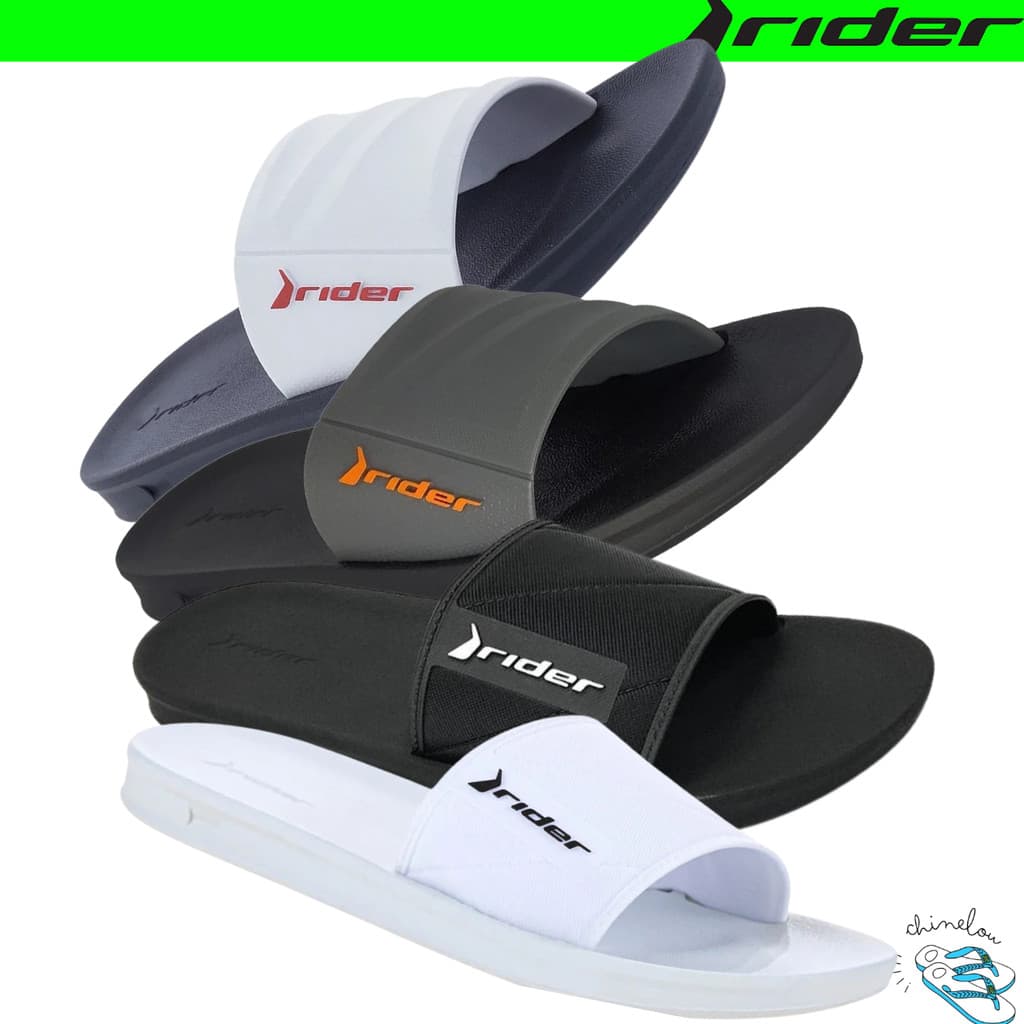 Sandálias masculinas 'Rider' em preto, cinza, branco e combinação de preto com cinza, com logotipo 'Rider' na sola.