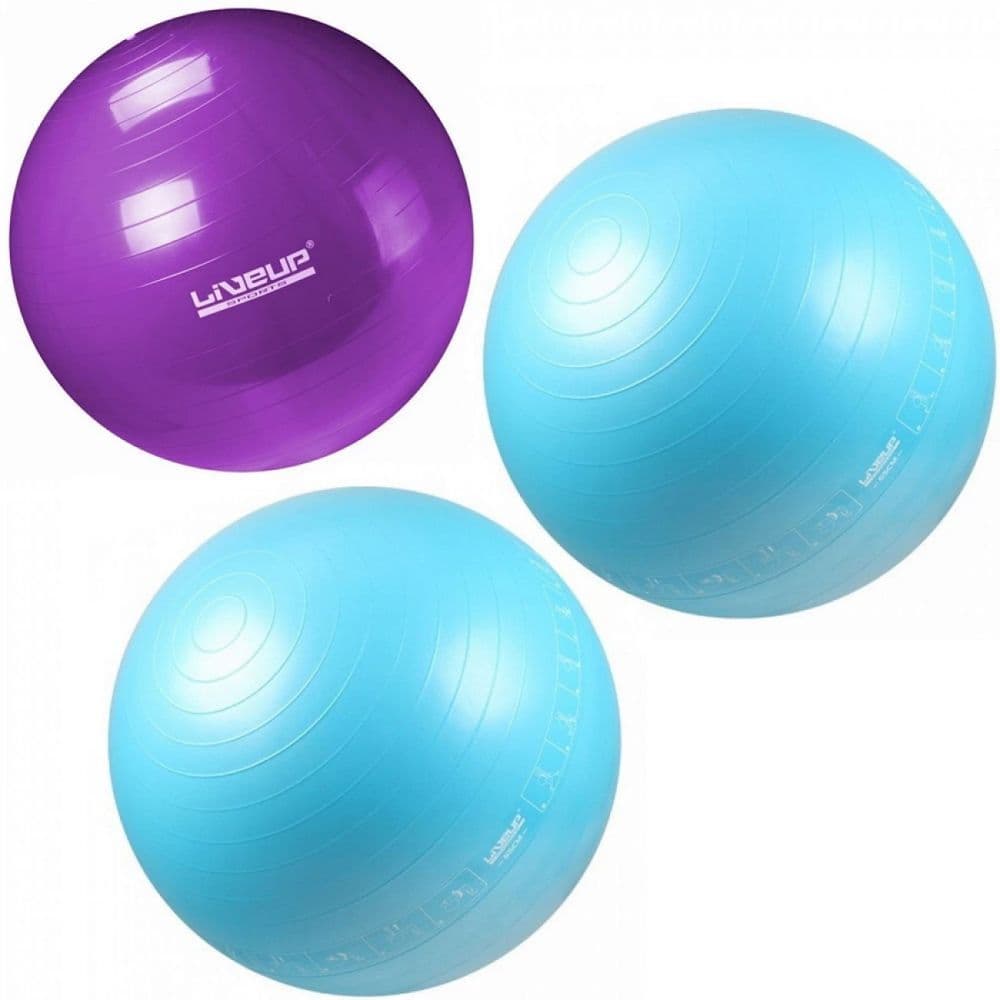 Kit Bola Suíça Liveup 2 Bolas 65cm Azul + 1 Bola 55cm Roxa Treino