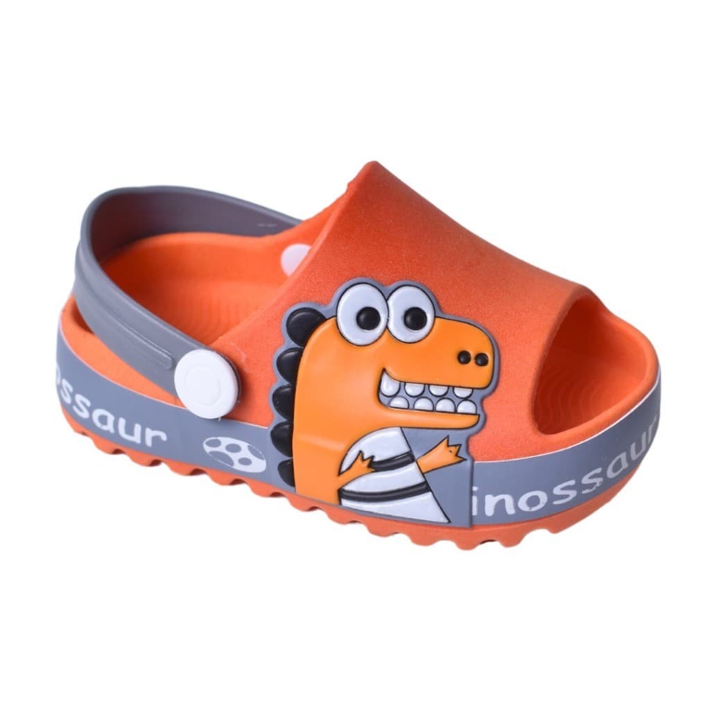 Chinelo infantil dinossauro laranja com detalhes cinza e branco, texto 'dinossaur' na lateral