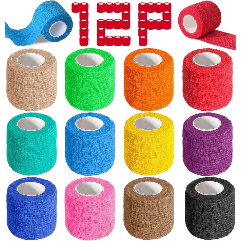 Pacote com 12 Bandagens Autoadesivas, 2" X 5 Jardas, Bandagem Veterinária Colorida, Fita para Tornozelo, Bandagem Elásti