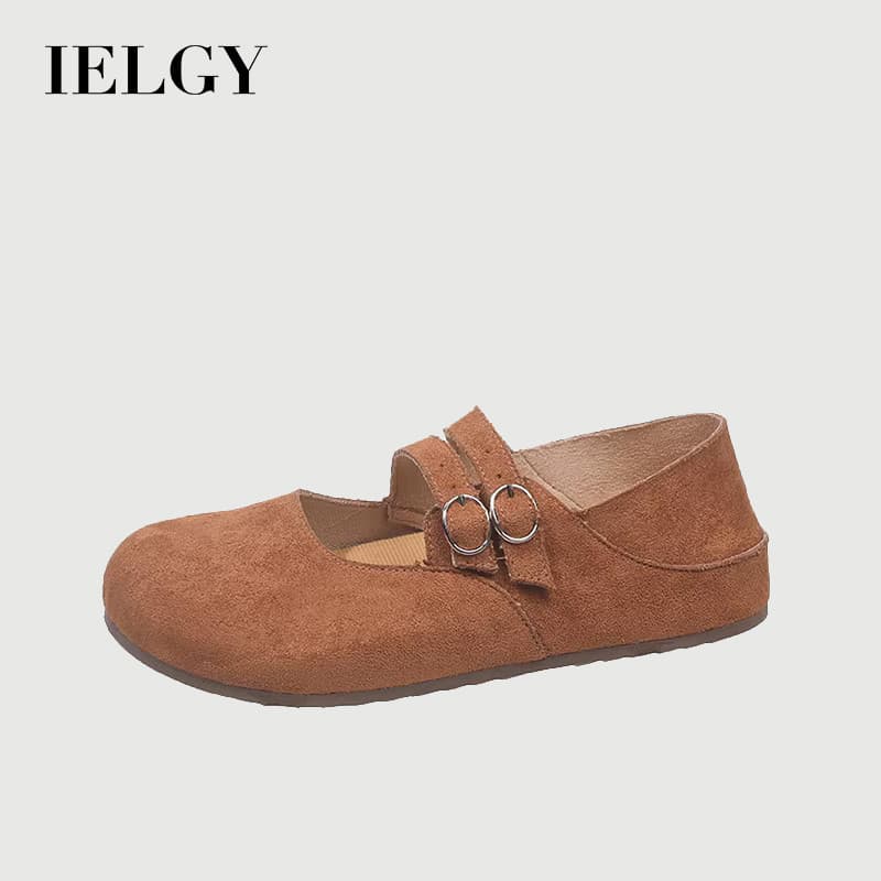 Sapato feminino marrom estilo meia com dois laços de fivela em camurça