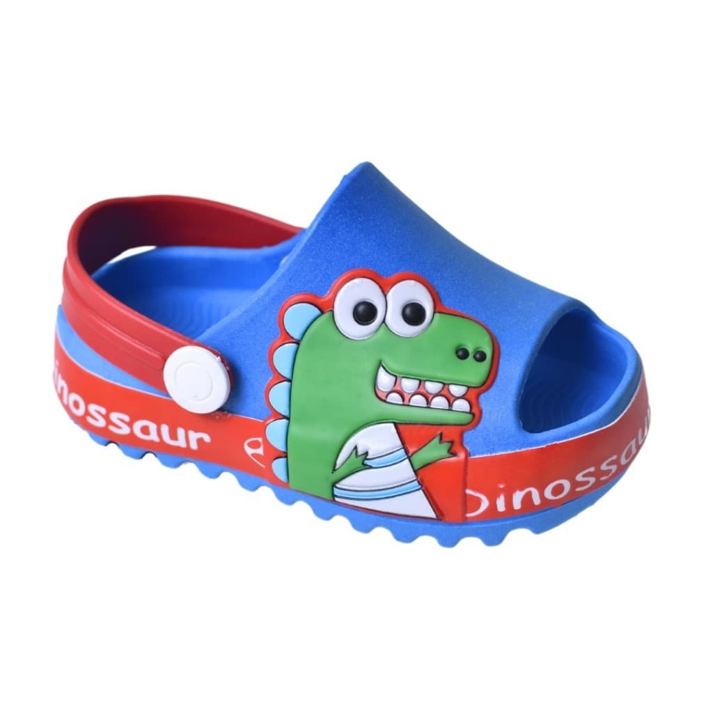 Chinelo infantil slide com design de dinossauro, predominantemente azul com detalhes em vermelho e verde.