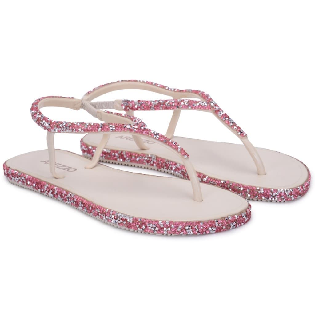 Sandália rasteira feminina Arezzo com strass e glitter rosa