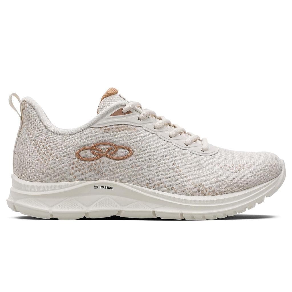 Tênis de caminhada casual branco e ouro, Olympikus Citrus 2, com padrão de cobra e sola branca, isolado em fundo branco.