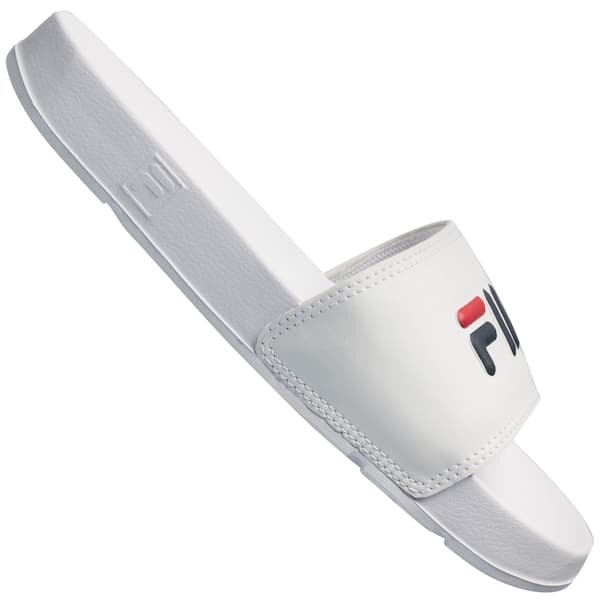 Chinelo FILA Drifter Basic - Slide - Feminino, branco com logo FILA em preto, vermelho e azul