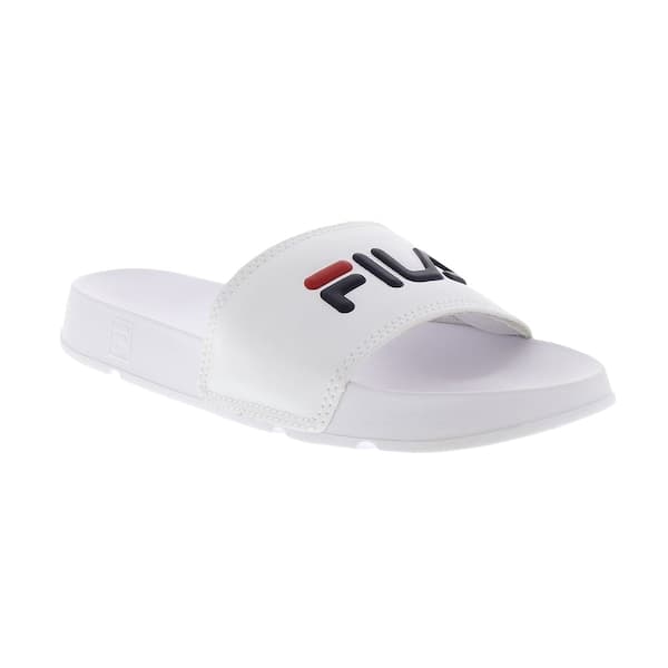 Fila Drifter Slide para mulheres branca com logotipo vermelho e preto.