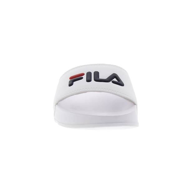 Fila Drifter Slide branca para mulheres com logotipo preto e vermelho.