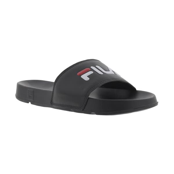 Fila Drifter Basic Logo Slippers Masculino preto com logo branco e vermelho.