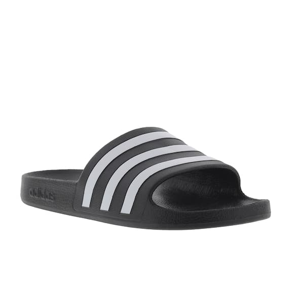 Chinelo Adidas Adilette Aqua preto e branco, estilo slide, material sintético.