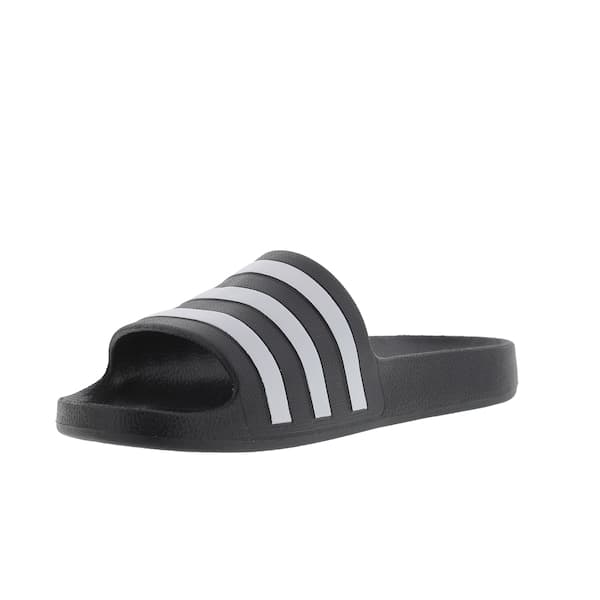 Chinelo Adidas Adilette Aqua preto e branco, estilo slide, material sintético.