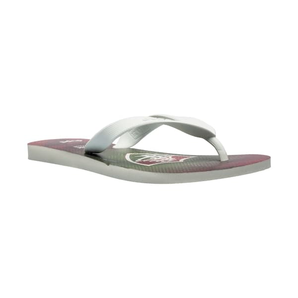 Chinelo unissex Dupé Fluminense branco com detalhes em verde e vermelho.