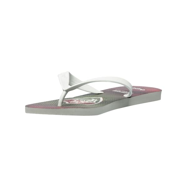 Chinelo unissex Dupé Fluminense branco com sola cinza e estampa vermelha e verde.