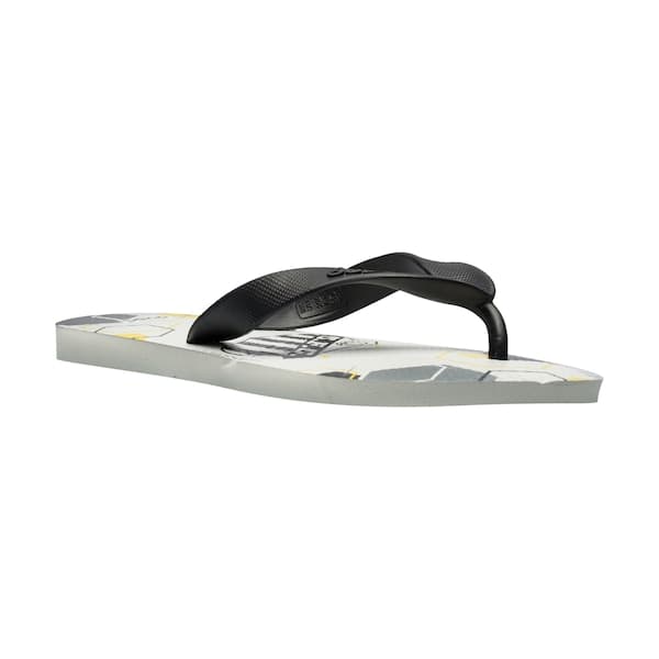 Chinelo Dupe Santos FC masculino e feminino padrão hexágono com detalhes pretos.