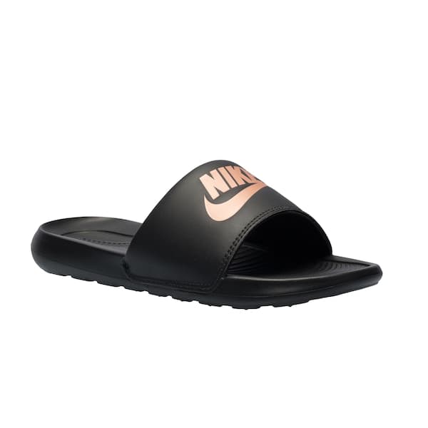 Nike Victori One Slide feminino em preto e rosa, com logo da Nike.