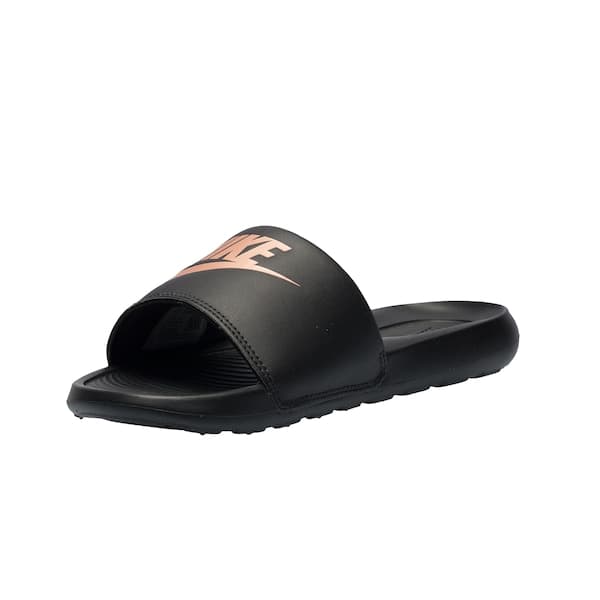 Nike Victori One Slide feminino em preto e rosa, com logo da Nike.