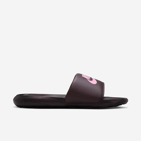 Nike Victori One Slide feminino marrom rosa com logotipo da Nike em rosa.