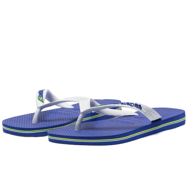 Chinelo Havaianas Brasil Logo Masculino, azul e branco com detalhes verde e amarelo.
