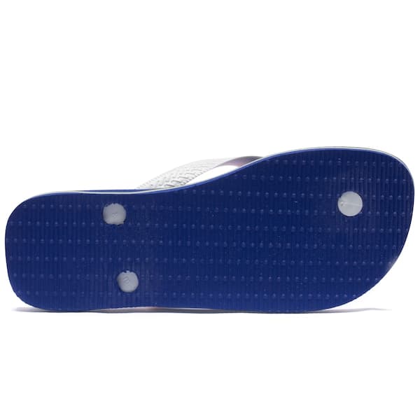 Solado da Havaianas Brasil Logo Masculino, azul com orifícios brancos e detalhes verde e amarelo.