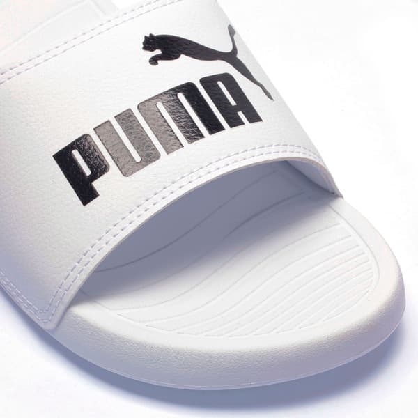 Detalhe da marca Puma no Puma Popcat 20 Bdp Slide Masculino branco, estilo moderno.