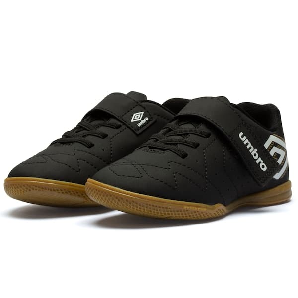 Chuteira Futsal Infantil Umbro Neo Striker Preta com Detalhes Brancos e Dourado