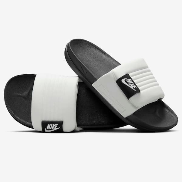 Chinelo slide Nike Offcourt Adjust adulto, preto e branco, logotipo da Nike, tira texturizada