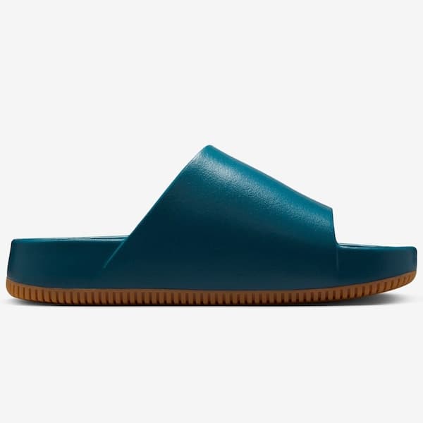 Vista lateral da sandália de dedo ciano texturizada Nike Calm Essential Slide