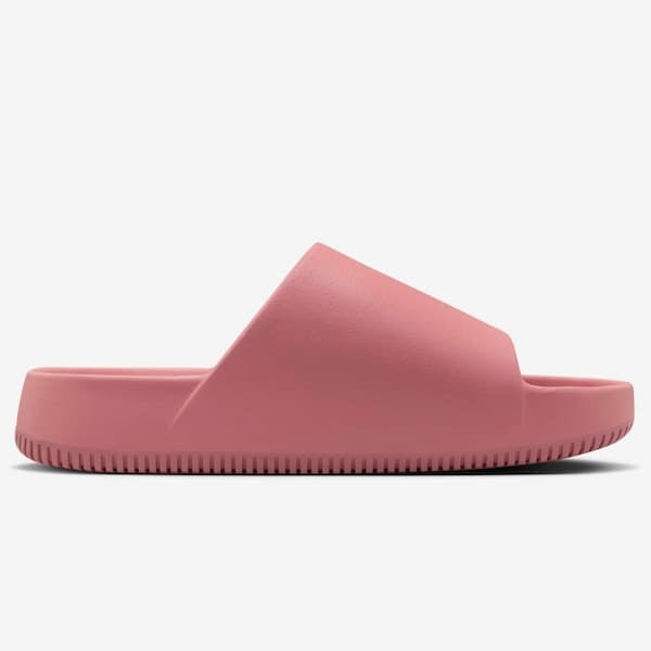 Vista frontal da sandália de slide rosa Nike Calm Essential com design minimalista.