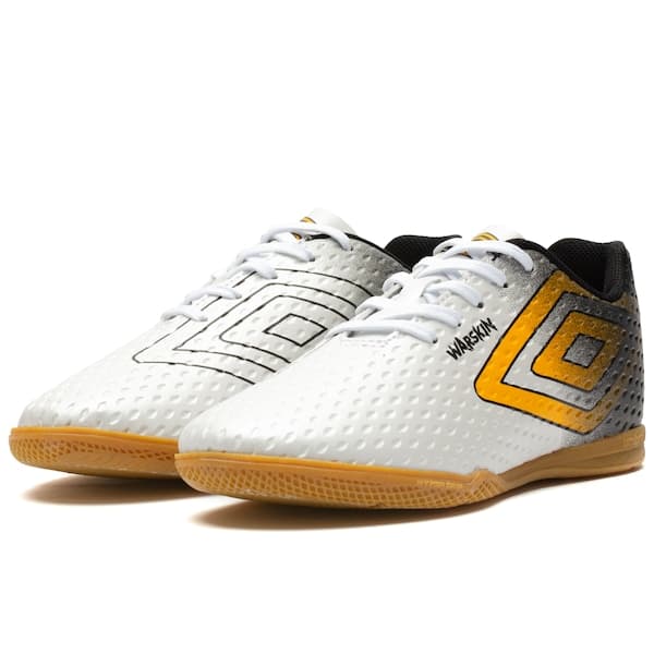 Chuteira Futsal Infantil Umbro Warskin branca com detalhes em amarelo e cinza