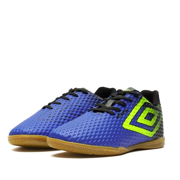 Chuteira Futsal Infantil Umbro Warskin azul e verde neon