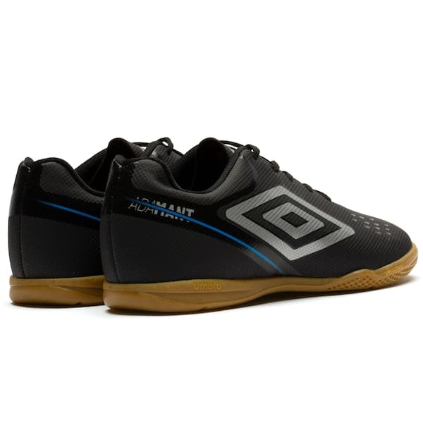 Tênis Umbro Adamant Top Speed para futsal infantil, preto e cinza, com logo azul.