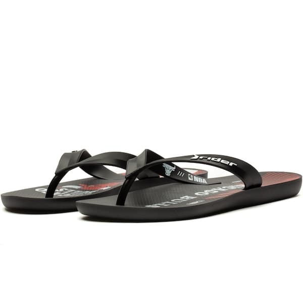 Chinelo adulto Rider NBA Chicago Bulls, preto e vermelho, em material sintético.