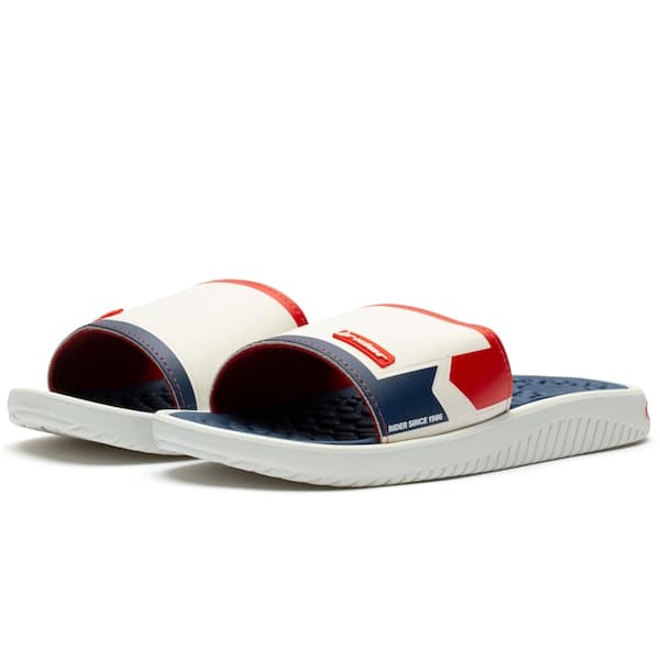 Chinelo Slide Rider Pump II azul e branco com sola antiderrapante