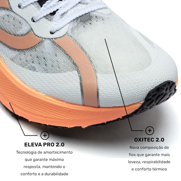 Tênis Olympikus Corre 4 branco e laranja, com tecnologia Eleva Pro 2.0.