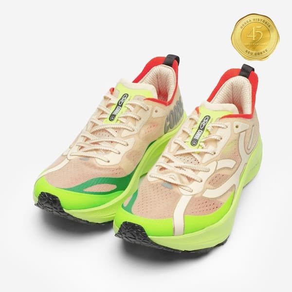 Par de Olympikus Corre 4 Tênis de Corrida Unissex, verde neon, bege e vermelho.