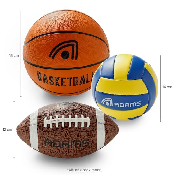 Kit Mini Bolas Esportivas Adams com 3 Unidades – Basquete, Futebol Americano e Vôlei