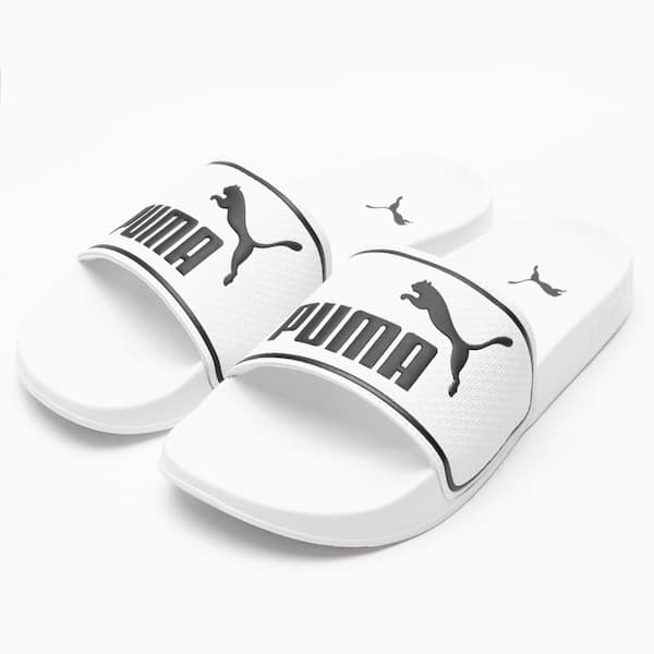 Chinelo Puma Leadcat 20 Slide branco com detalhes em preto e logo da marca.