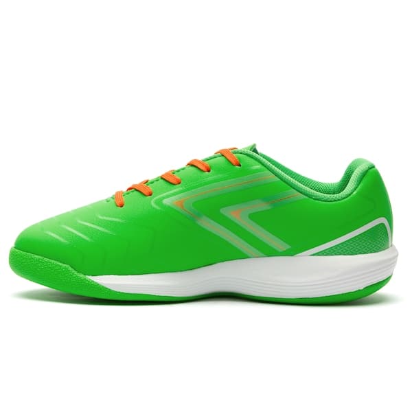 Chuteira futsal infantil Umbro Pro 5 Bump, verde neon, com logo da Umbro.