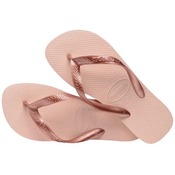 Chinelo Havaianas Top Tiras feminino em rosa metálico, com tiras de metal.