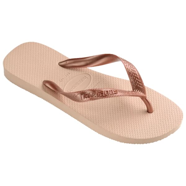 Chinelo Havaianas Top Tiras feminino em rosa metálico, com detalhes em metal.