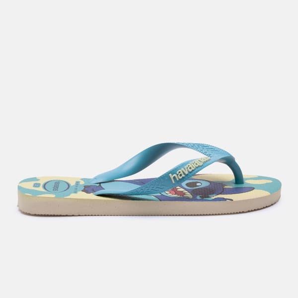 Chinelos Havaianas Top com estampa do personagem Stitch, azul e camuflado.