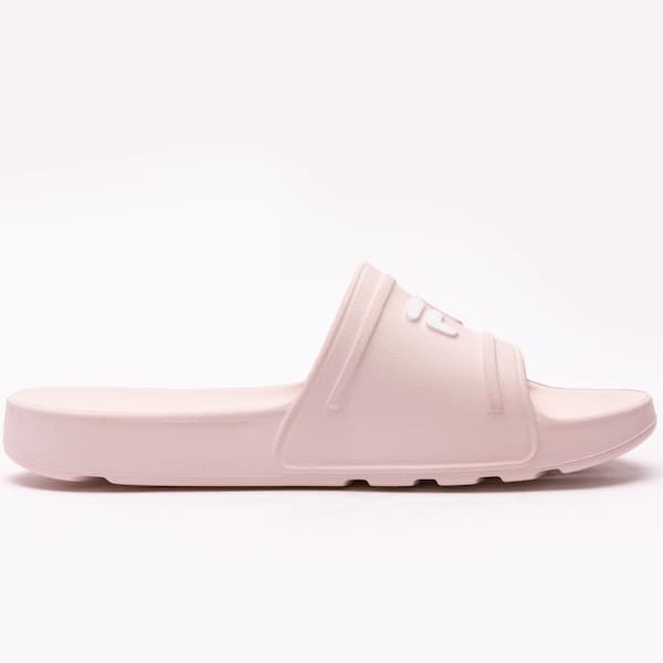 Chinelo feminino rosa Fila, design minimalista, logo branco, sola rosa pálido.