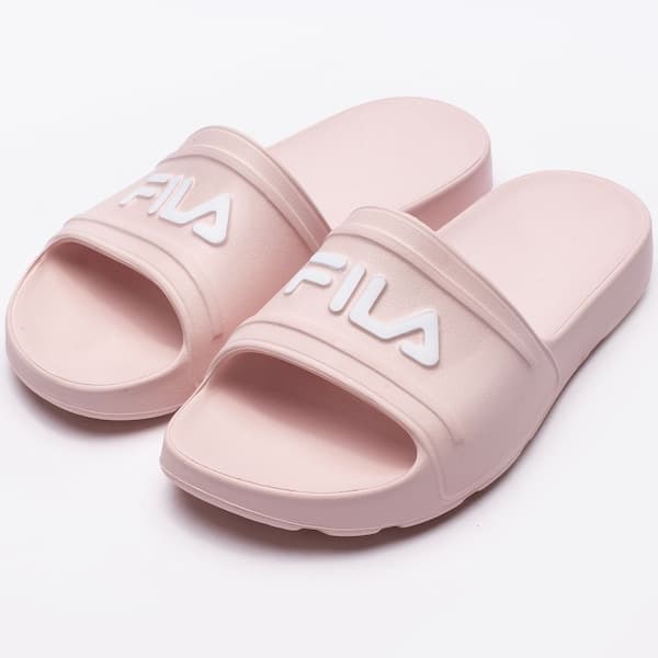 Sandália de dedo Fila Sleek Slide Feminino rosa com logo branco em cada palmilha.