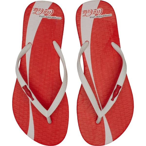 Chinelo feminino Coca-Cola Share a Coke, vermelho e branco, com logo Coca-Cola.