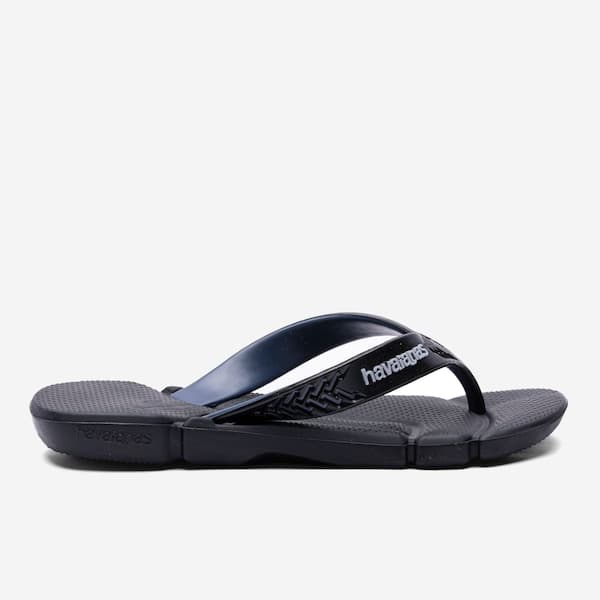 Chinelos Havaianas Power 2.0 com suporte de arco, preto e azul, vista lateral.