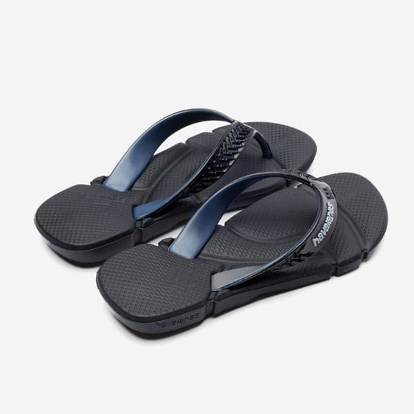 Chinelos Havaianas Power 2.0 com suporte de arco, preto e azul, detalhe da sola.