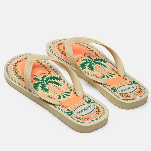 Chinelos Havaianas Top Summer Vibes, padrão de folhas, cor laranja e azul.