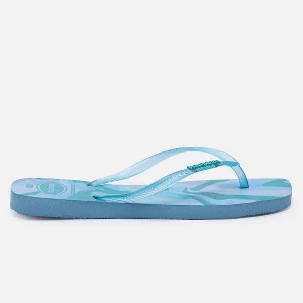 Par de chinelos Havaianas Slim Square Jelly Feminino com estampa abstrata azul e verde