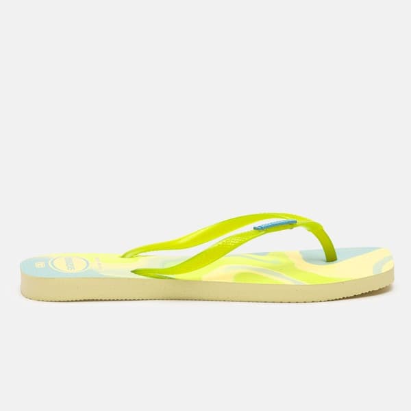 Chinelo Havaianas Slim Square Jelly Feminino com estampa abstrata verde, amarelo e azul.