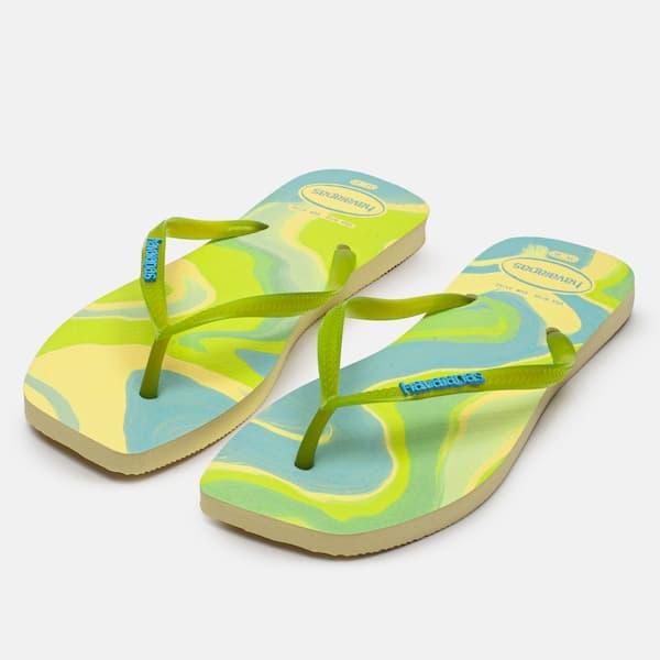 Havaianas Slim Square Flip Flops Jelly verde e azul, com logo Havaianas na tira.