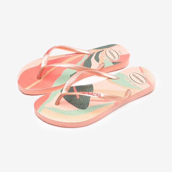 Havaianas Slim Flip Flops Floral Multicolor, rosa com estampa floral e detalhes metálicos.